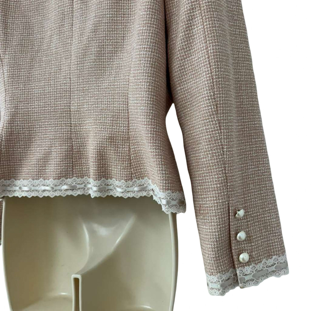 Maggy London Petites Pink Vintage Tweed Lace Trim Skirt Suit Blazer Y2K sz 10 P - Picture 12 of 16